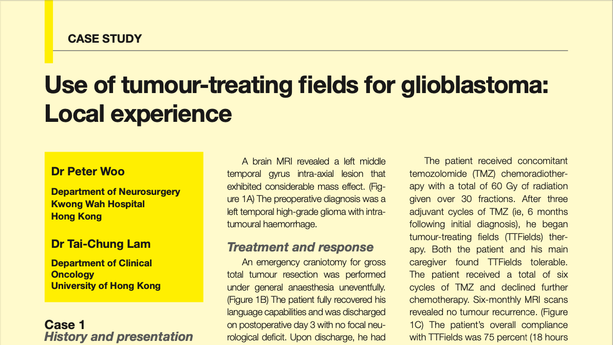 [Case study] Use of tumour-treating fields for glioblastoma: Local experience – Dr. Peter Woo & Dr. Tai-Chung Lam, Hong Kong (30 Nov 2020)